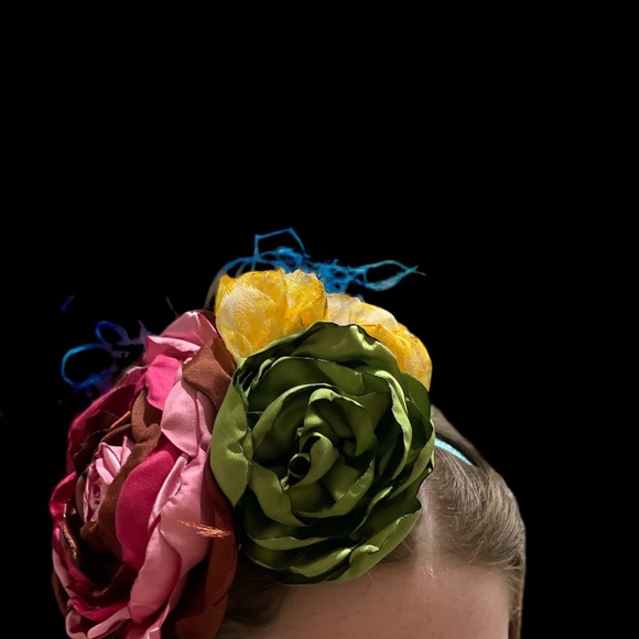 One of a kind oversized satin flower headband bow pink green yellow - Picture 2 of 8